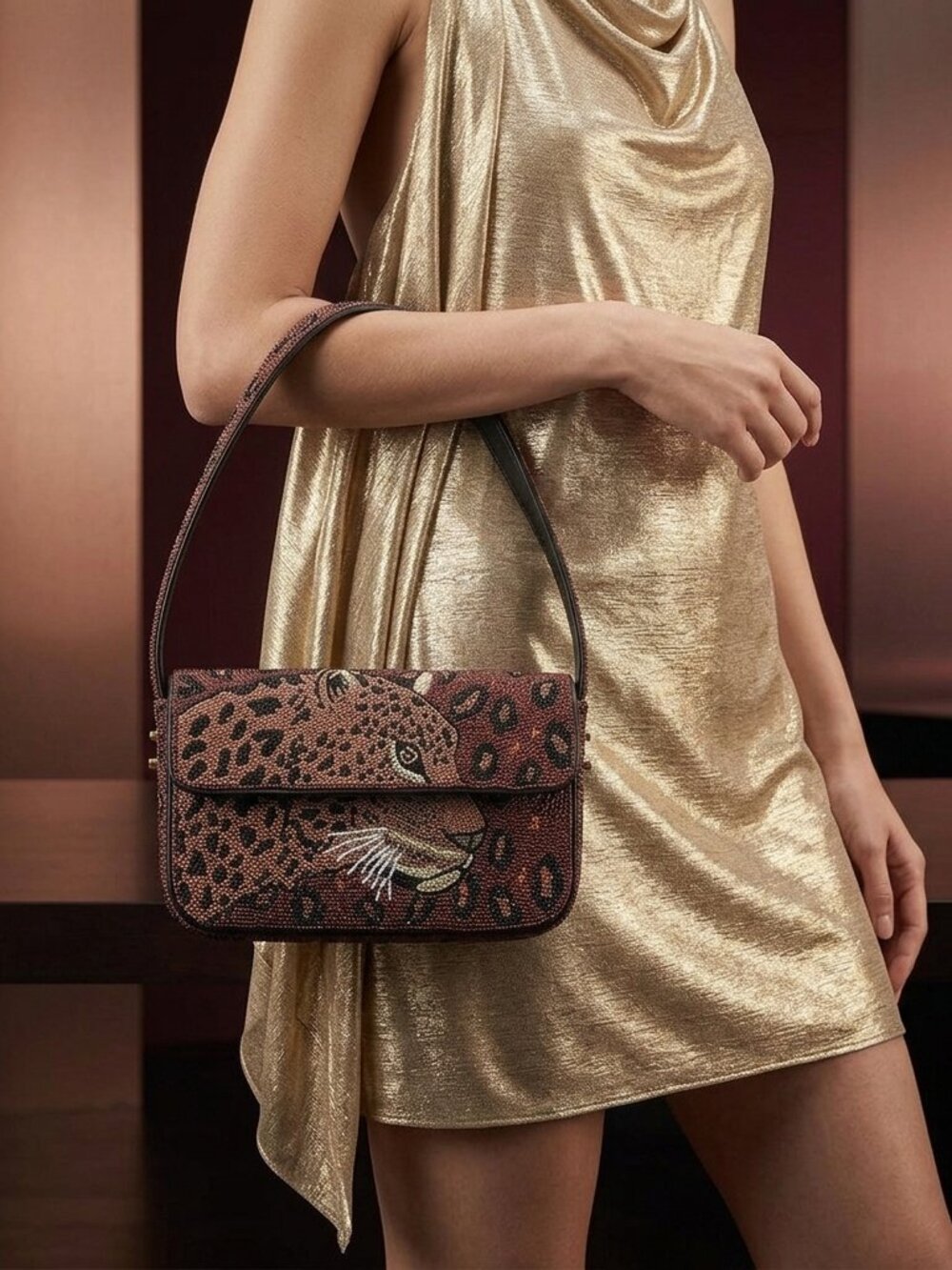 America & Beyond Forest Leopard Beaded Shoulder bag